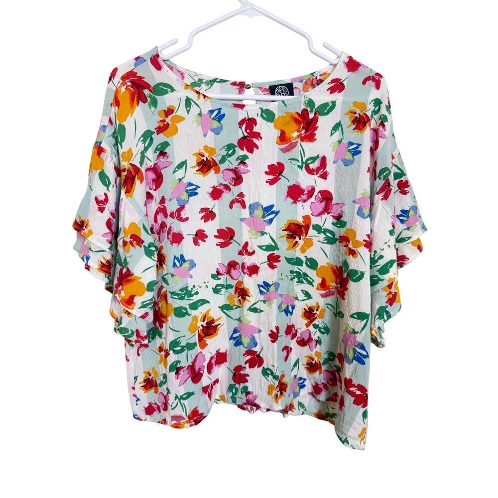 Bobeau Ruffle Sleeve Floral Blouse Lightweight Boho Top Size M
